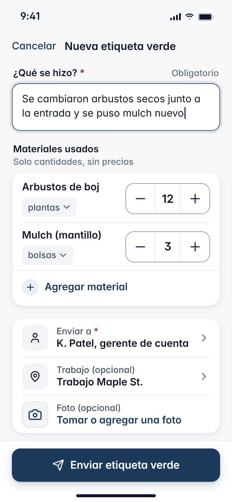Pantalla de nueva etiqueta verde (datos de ejemplo)