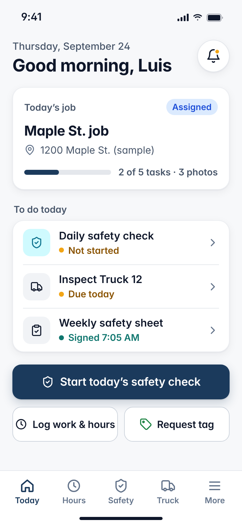 SiteVanta foreman home screen on a phone: today's job, daily safety check, truck inspection, and weekly safety sheet (sample data)