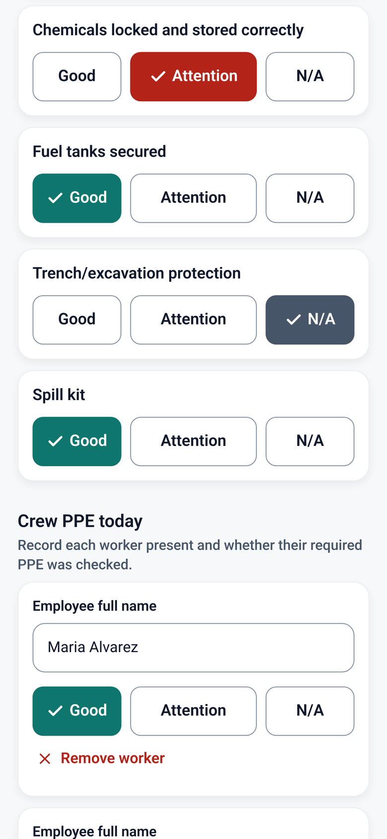 Daily safety check with items marked Good, Attention, or N/A and a crew PPE list (sample data)