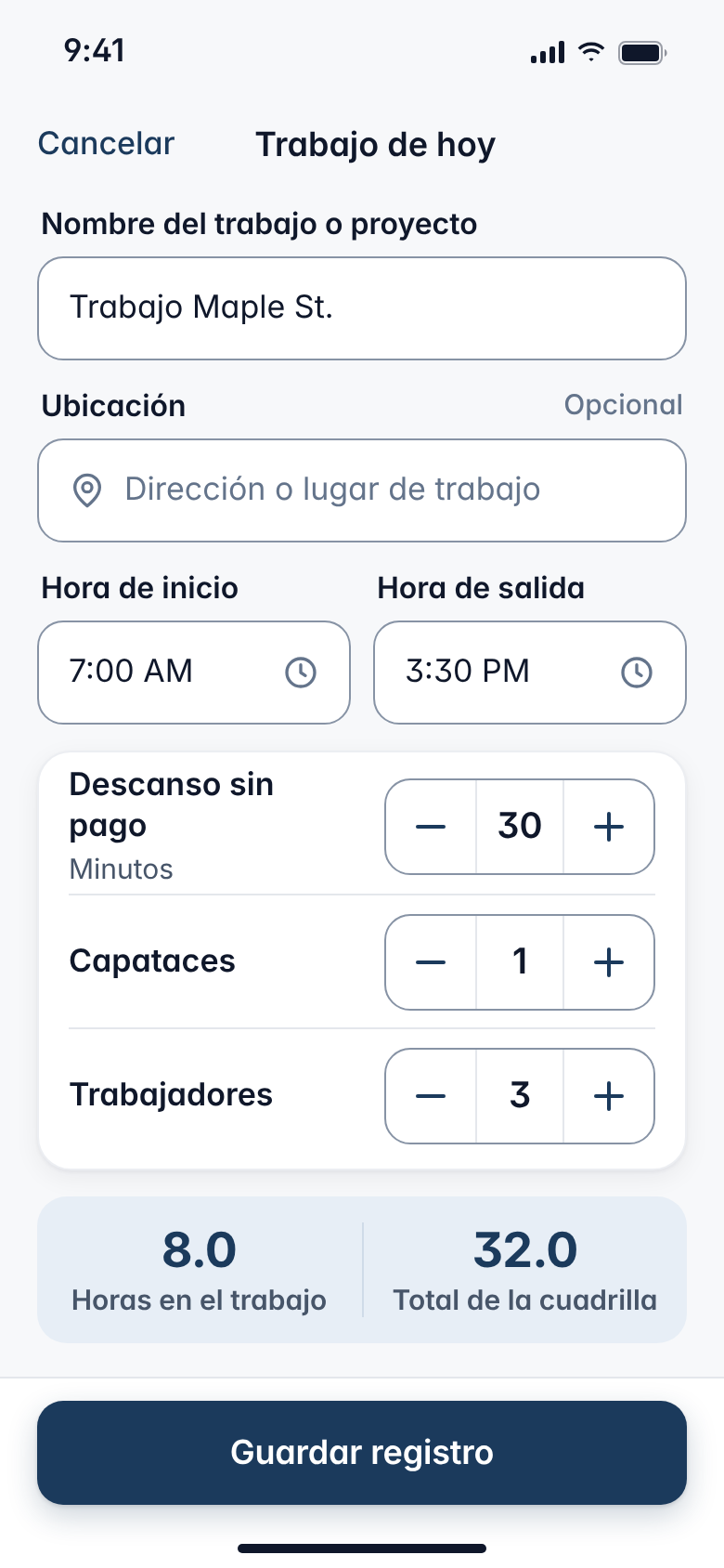 Pantalla para registrar horas: entrada, salida, descanso y número de trabajadores (datos de ejemplo)