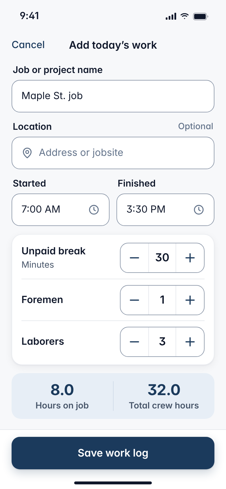 Work log entry screen with start, finish, break, and crew count (sample data)