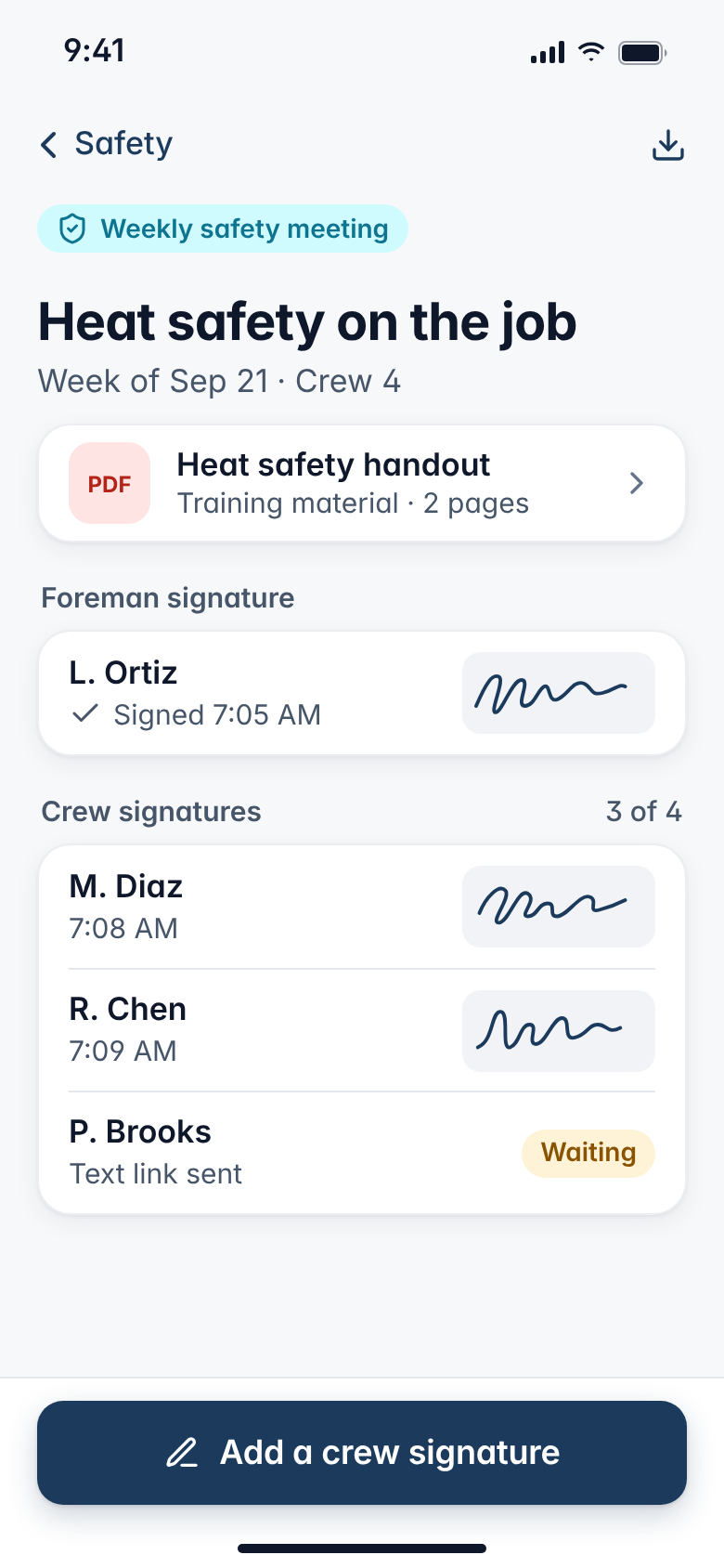 Weekly safety sheet with crew signatures (sample data)