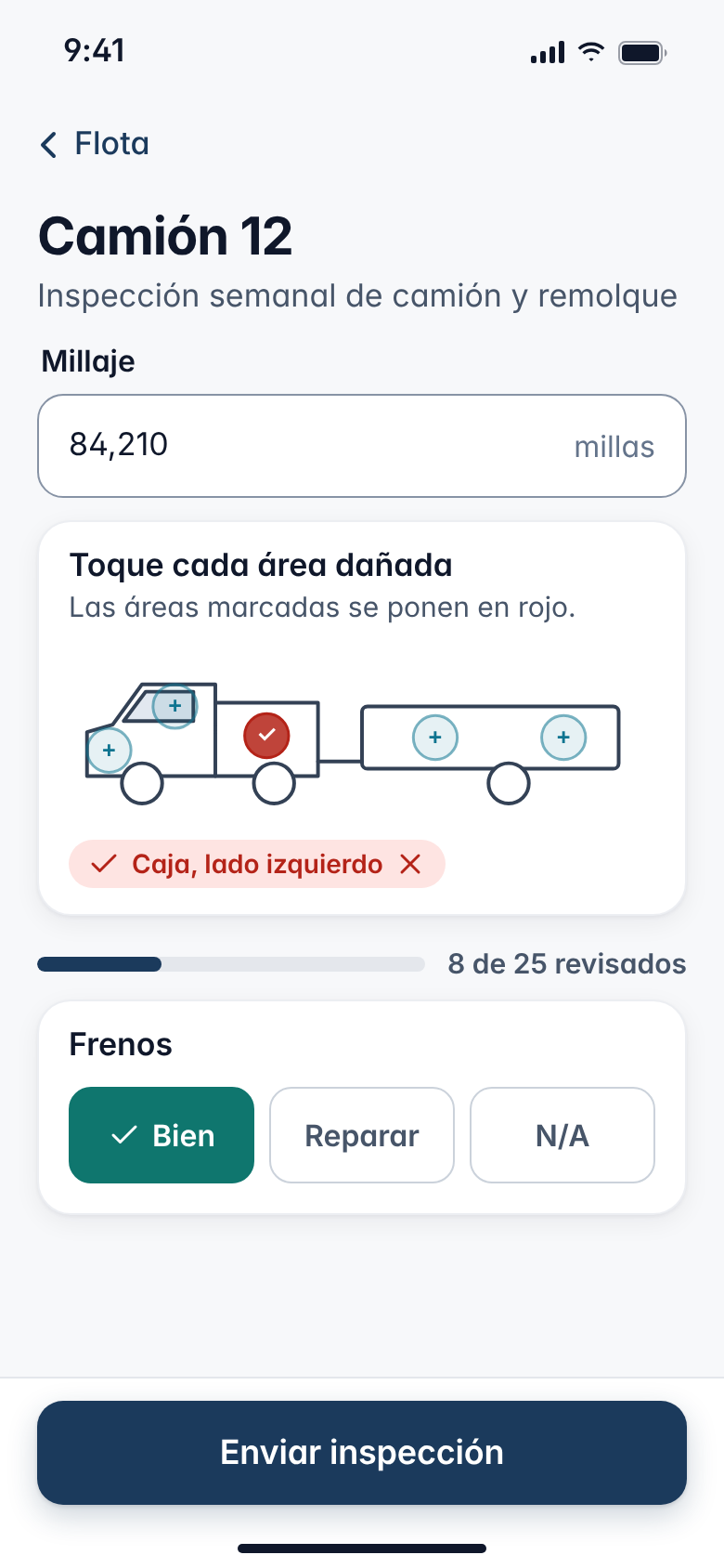 Pantalla de inspección con las partes dañadas marcadas (datos de ejemplo)