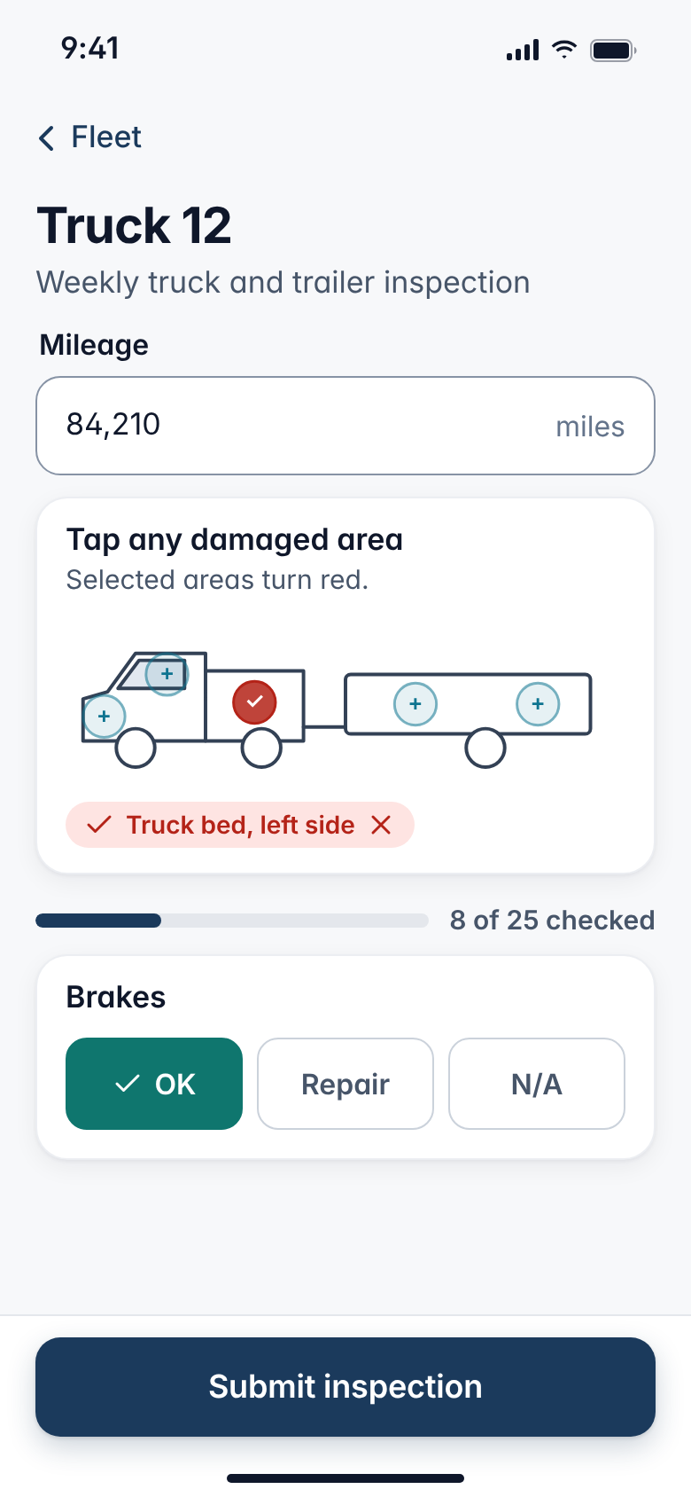 Truck inspection screen with damaged areas marked (sample data)