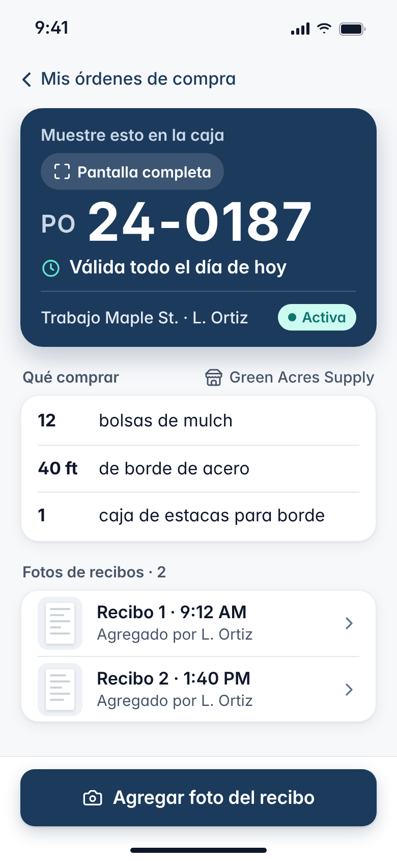 PO del día del capataz con fotos de recibos (datos de ejemplo)