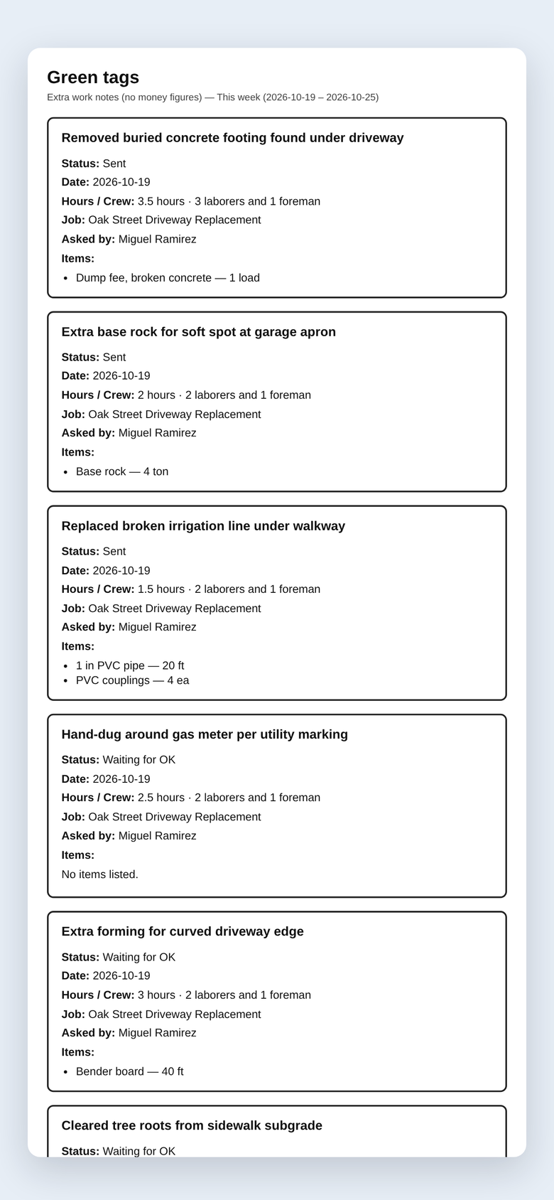 Printable weekly green tag packet with status, hours, crew, job, and items (sample data)
